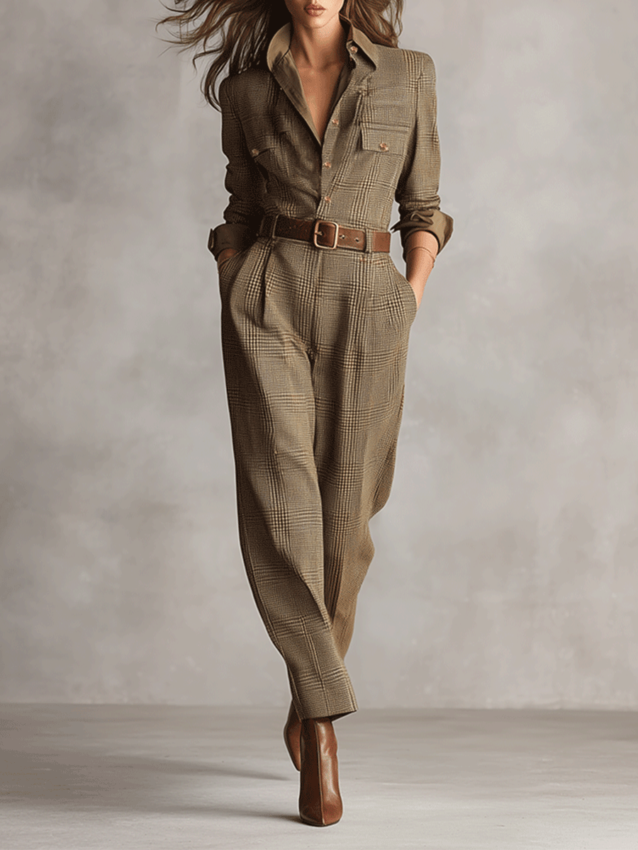Brown Tweed Plaid Jumpsuit