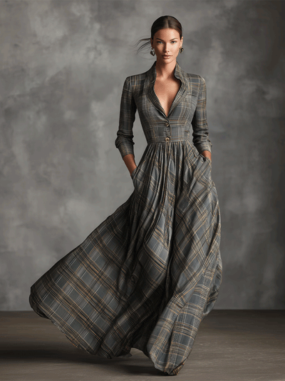 Grey Tartan Linen Maxi Dress