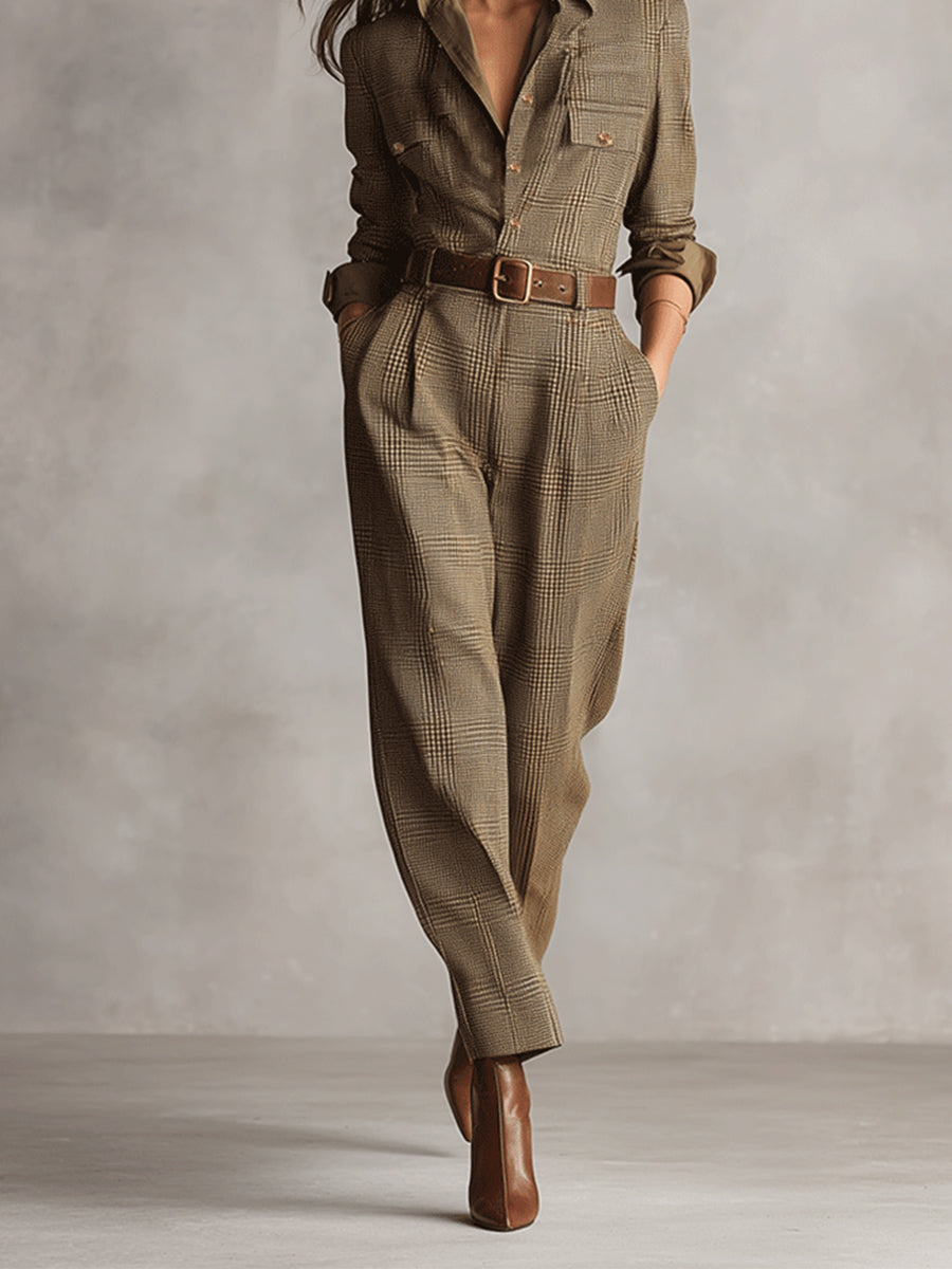 Brown Tweed Plaid Jumpsuit