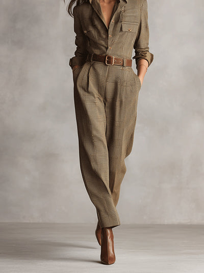 Brown Tweed Plaid Jumpsuit