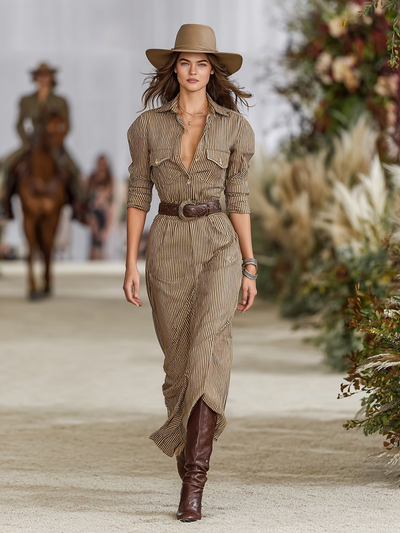 Striped Lapel Maxi Dress