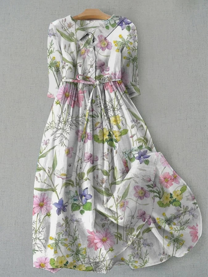 Dahlia - Summer Floral A-Line Dress with Waist Ties