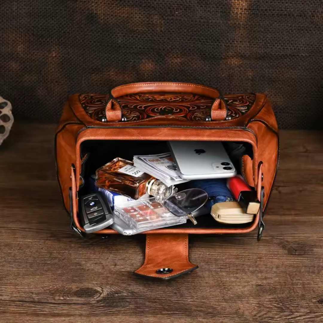 Florina - Leather Handbag with Engraving and Floral Pattern
