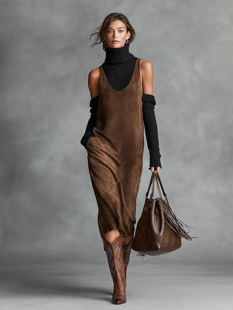 Retro Suede Tank Midi Dress