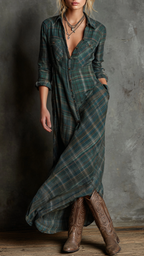 Plaid Lapel Maxi Dress