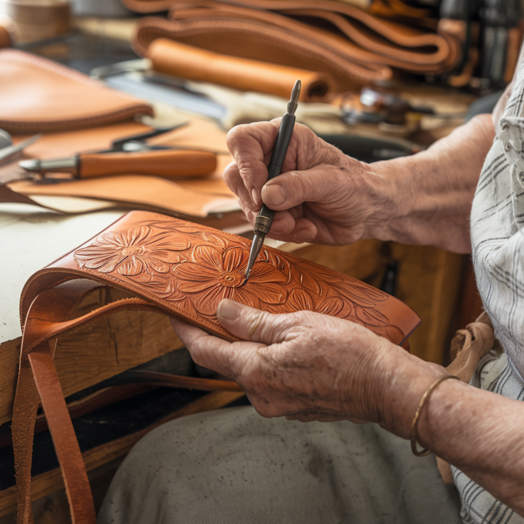 Florina - Leather Handbag with Engraving and Floral Pattern