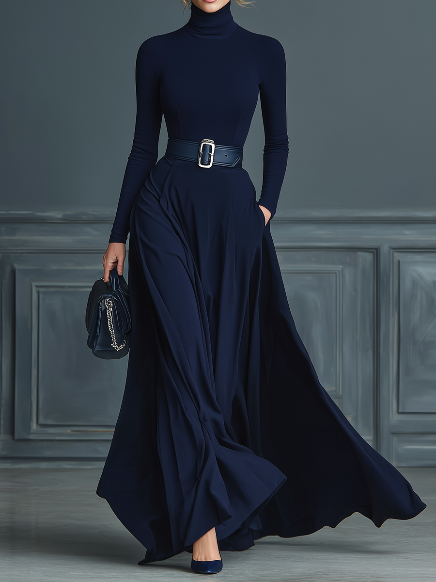 Dark Blue Knitted High-neck Dress