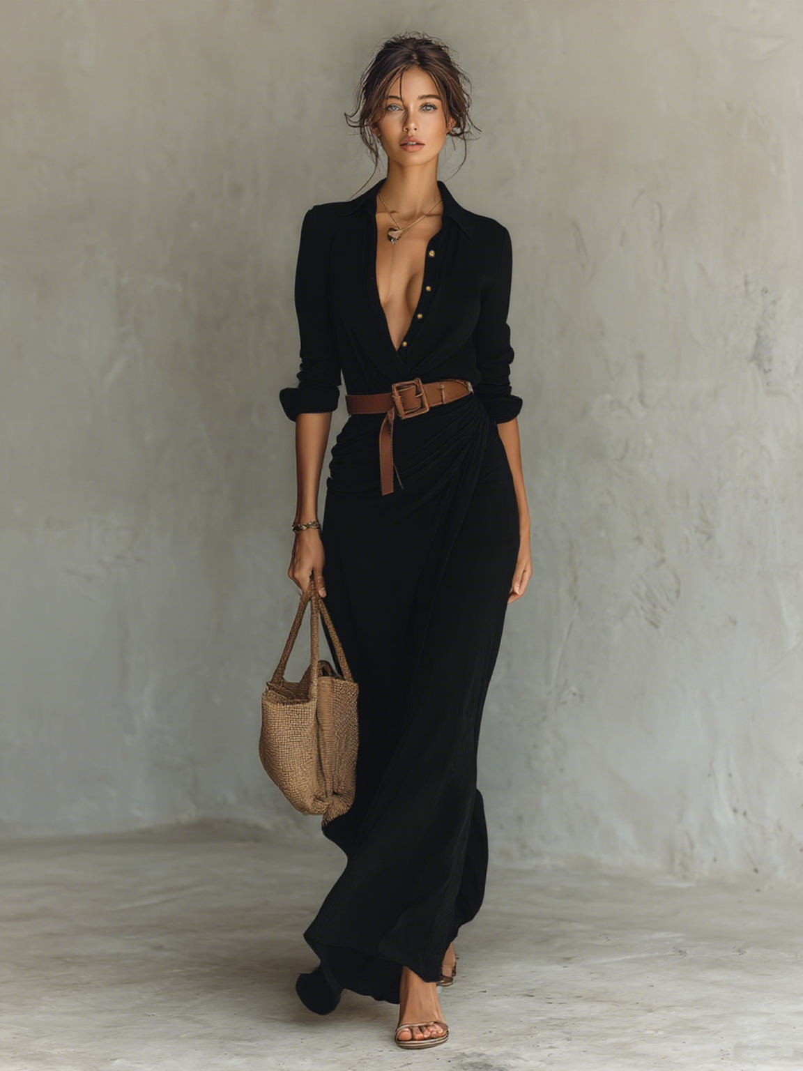 Belted Lapel Maxi Dress