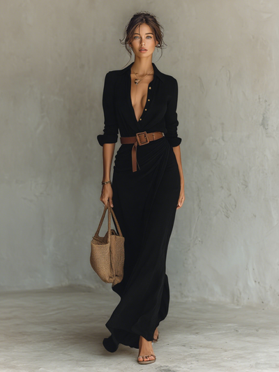 Belted Lapel Maxi Dress