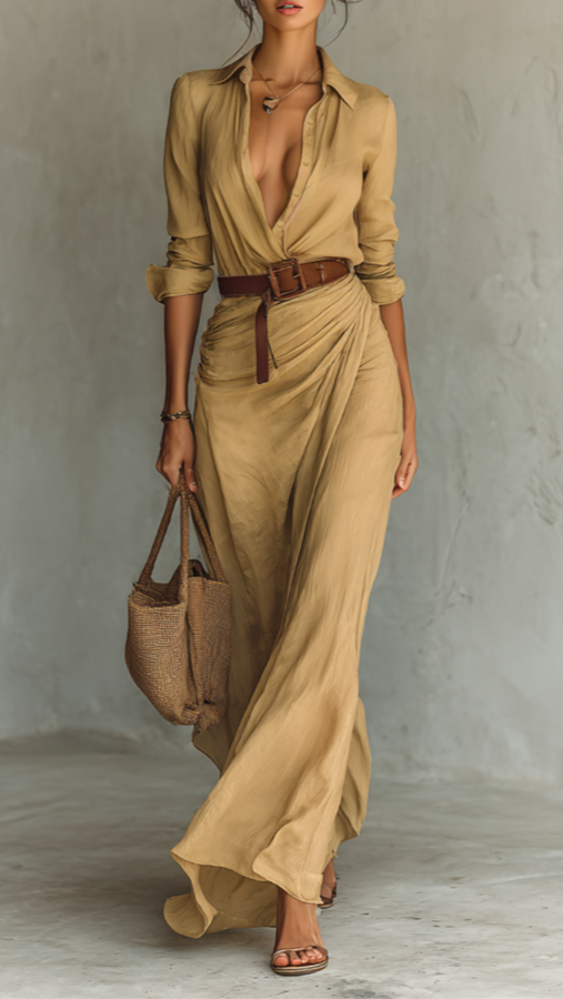 Belted Lapel Maxi Dress