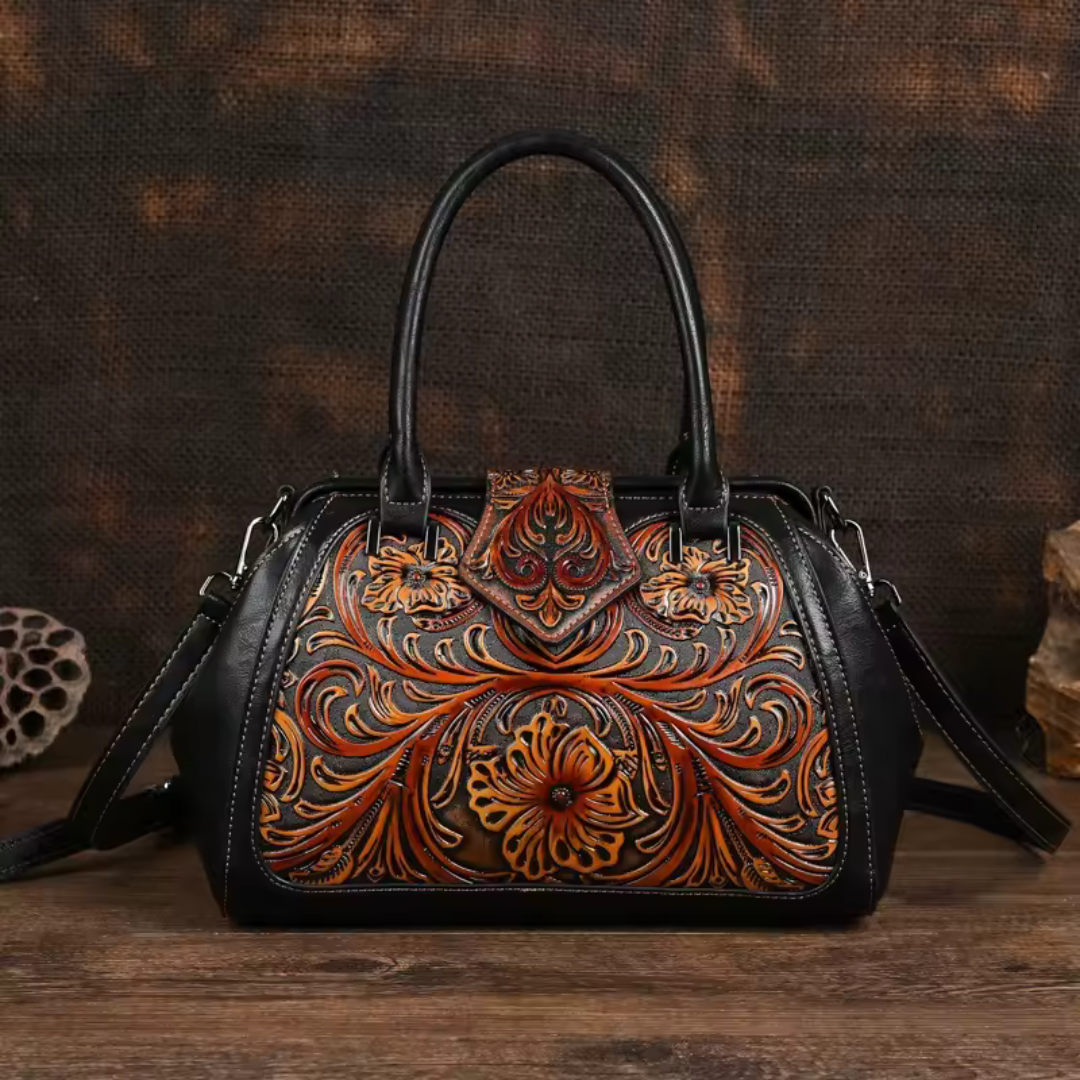 Florina - Leather Handbag with Engraving and Floral Pattern