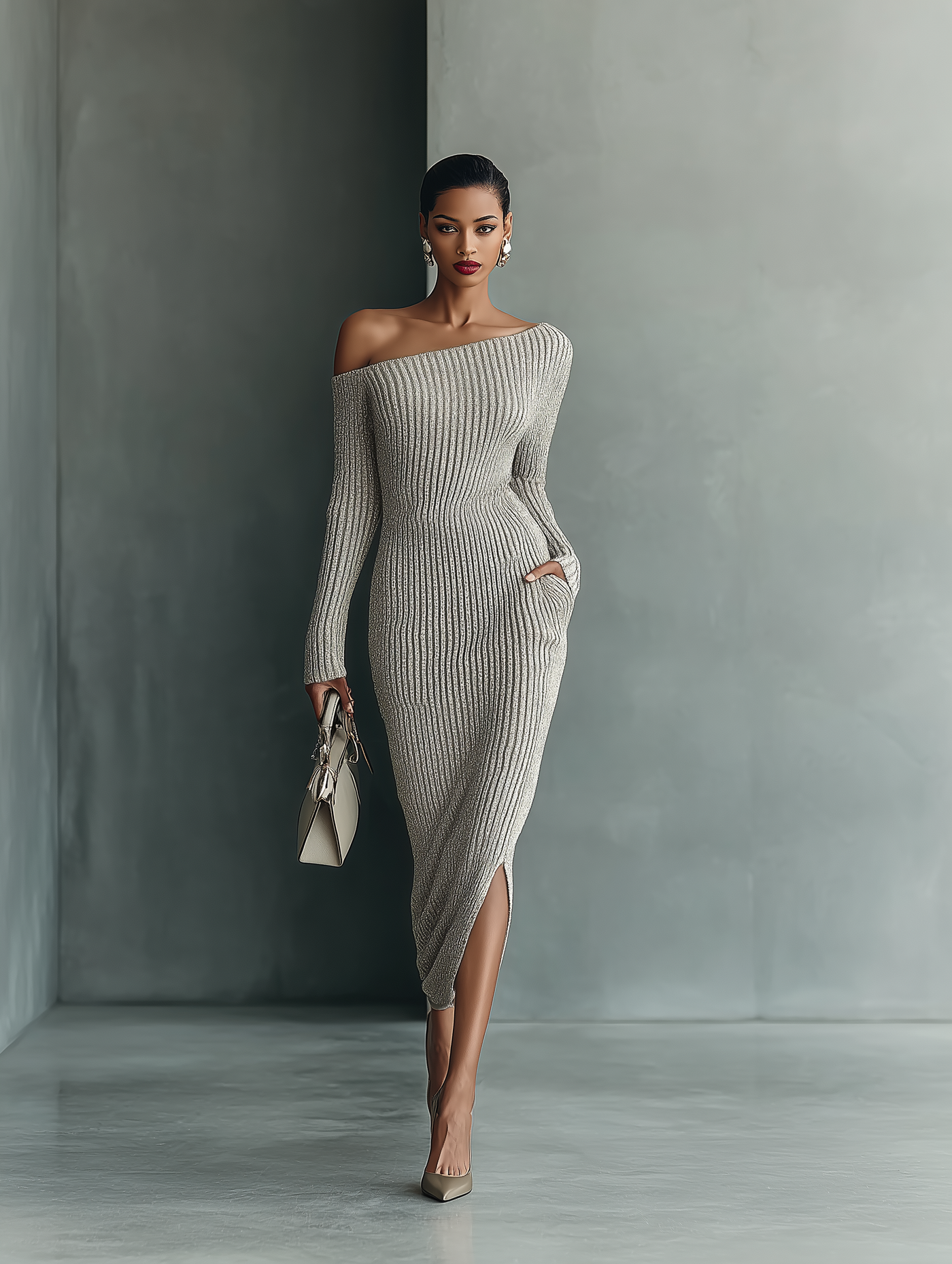 Gray One-shoulder Knitted Dress