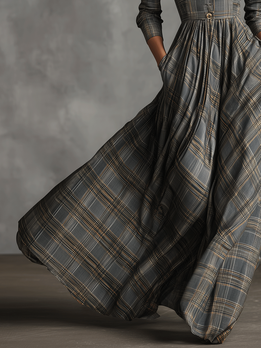 Grey Tartan Linen Maxi Dress