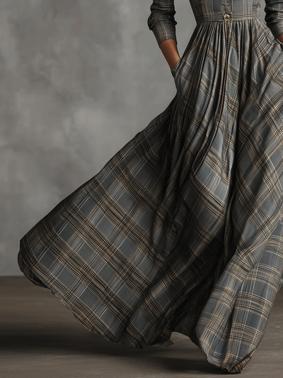 Grey Tartan Linen Maxi Dress
