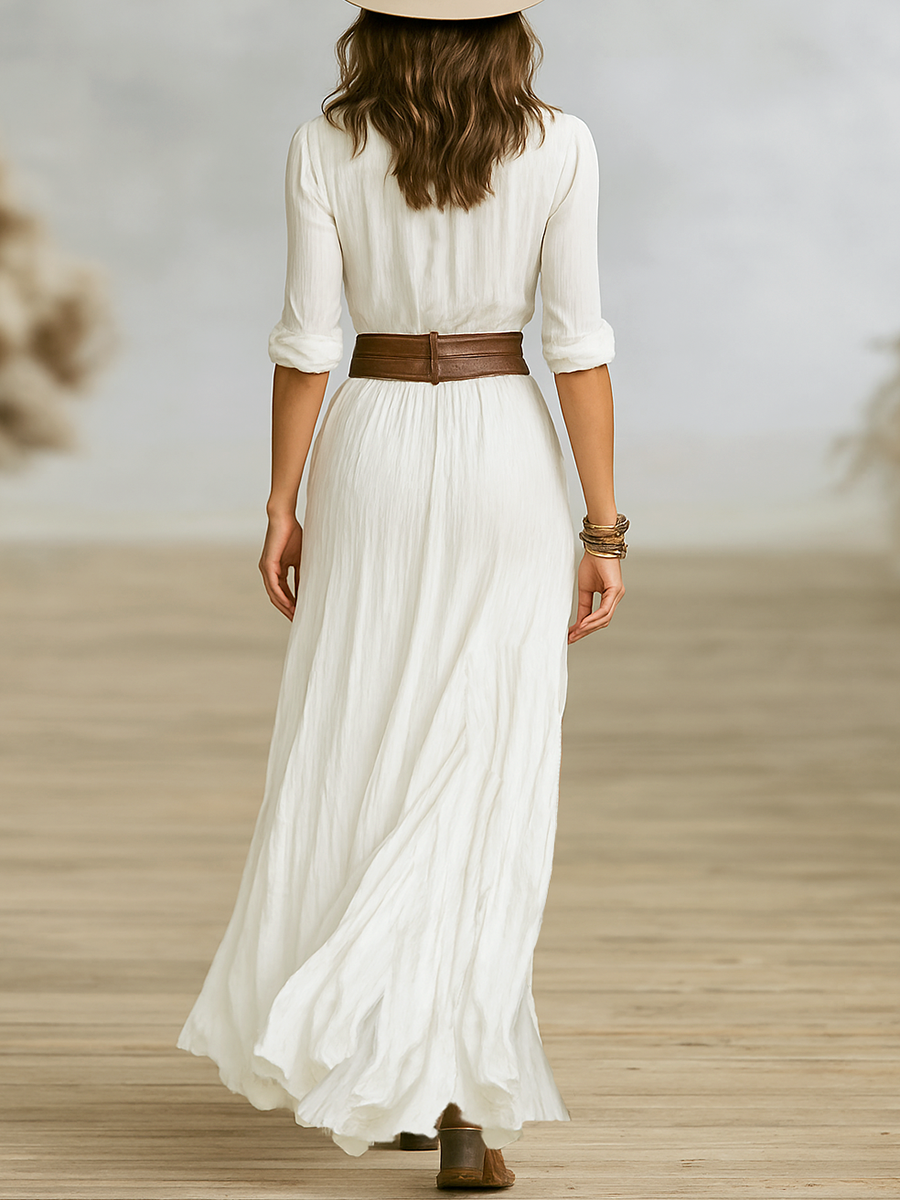 Pleated Lapel Linen Maxi Dress