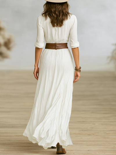 Pleated Lapel Linen Maxi Dress