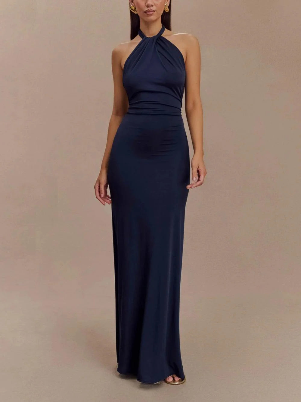 Elyra Slinky Halter Maxi Dress - Navy
