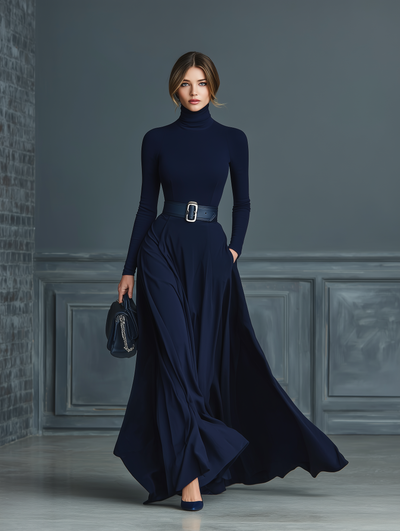 Dark Blue Knitted High-neck Dress