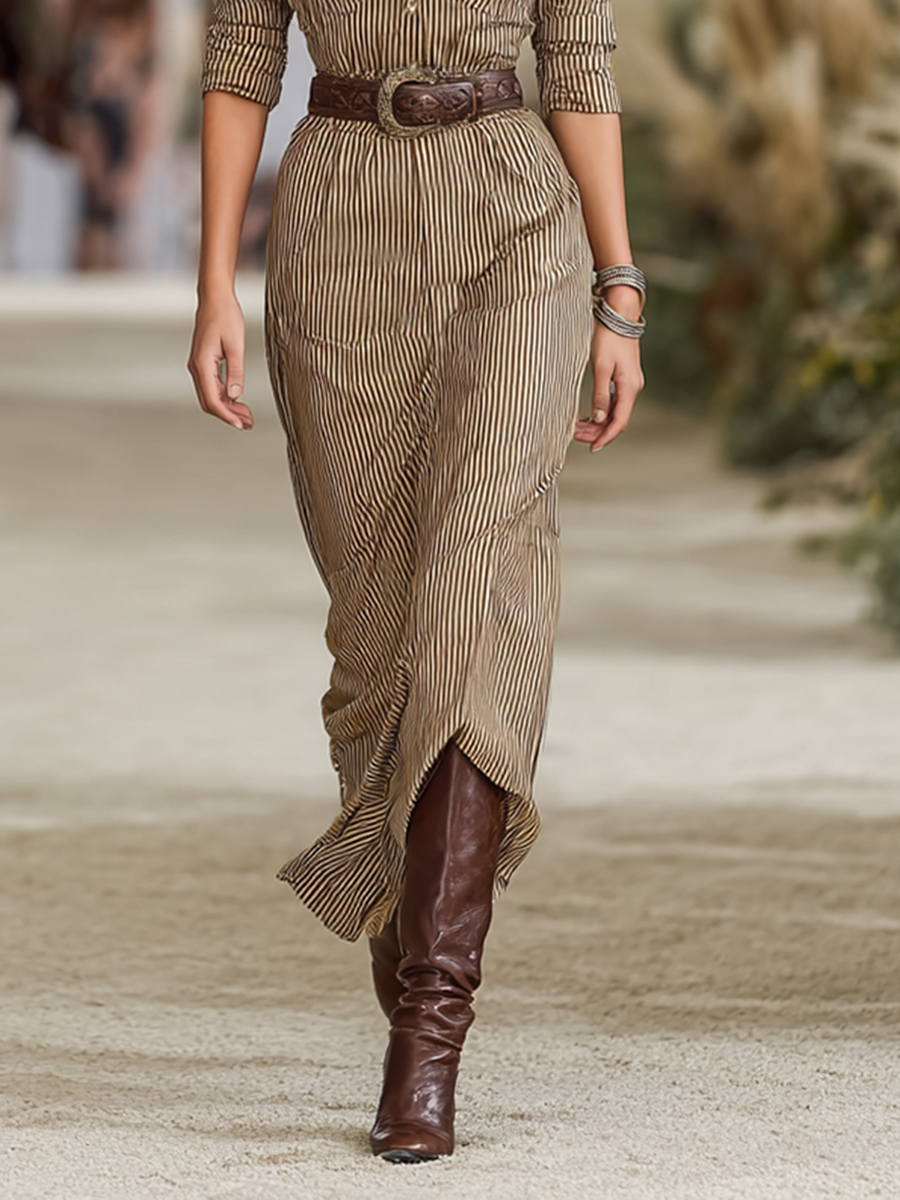 Striped Lapel Maxi Dress