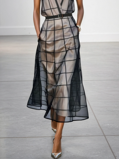 Checkered Tulle Belted Maxi Dress