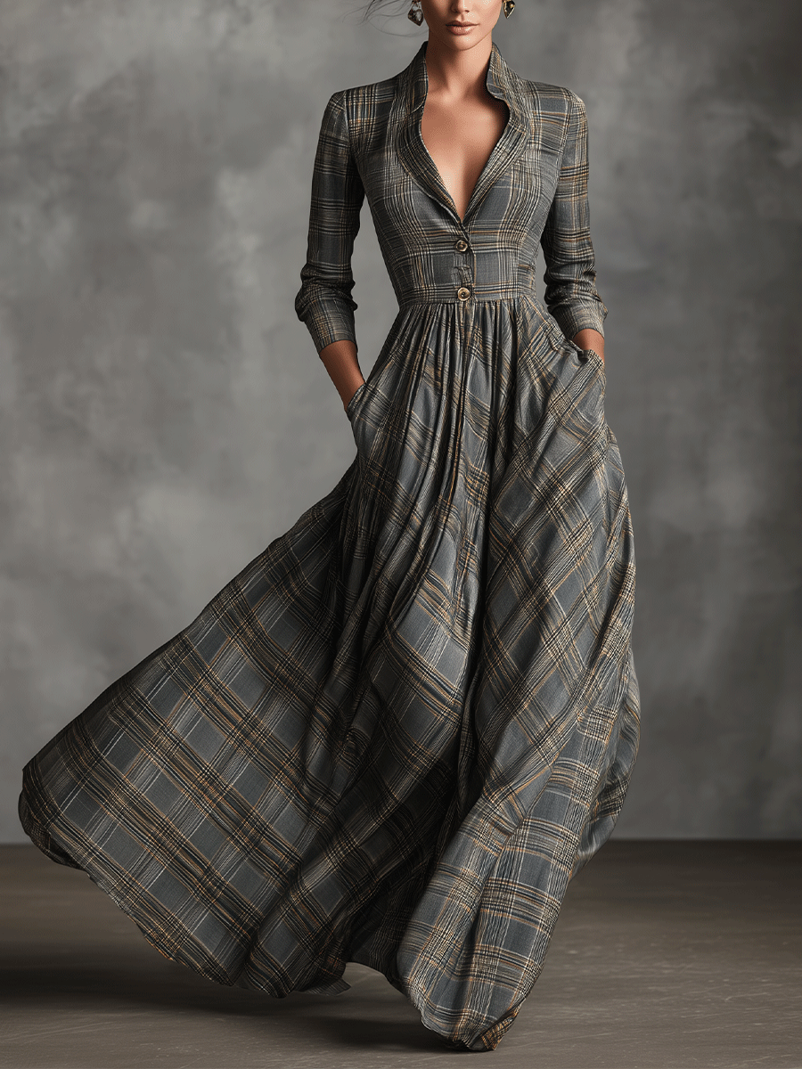 Grey Tartan Linen Maxi Dress