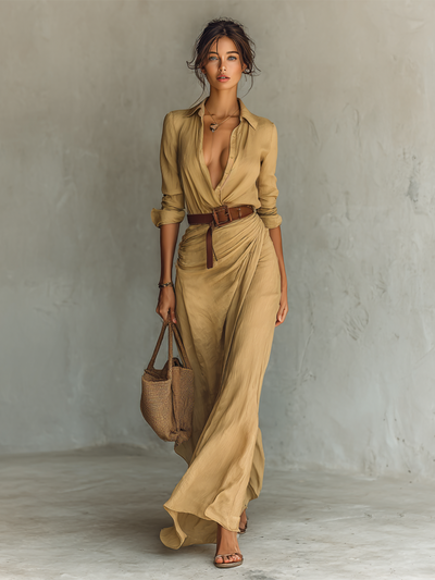 Belted Lapel Maxi Dress