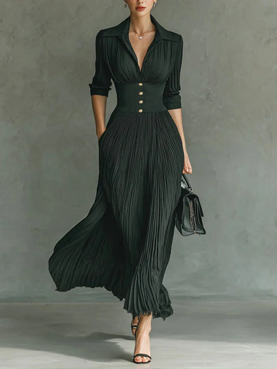 Elegant Pleated Lapel Waisted Long-sleeved Maxi Dress