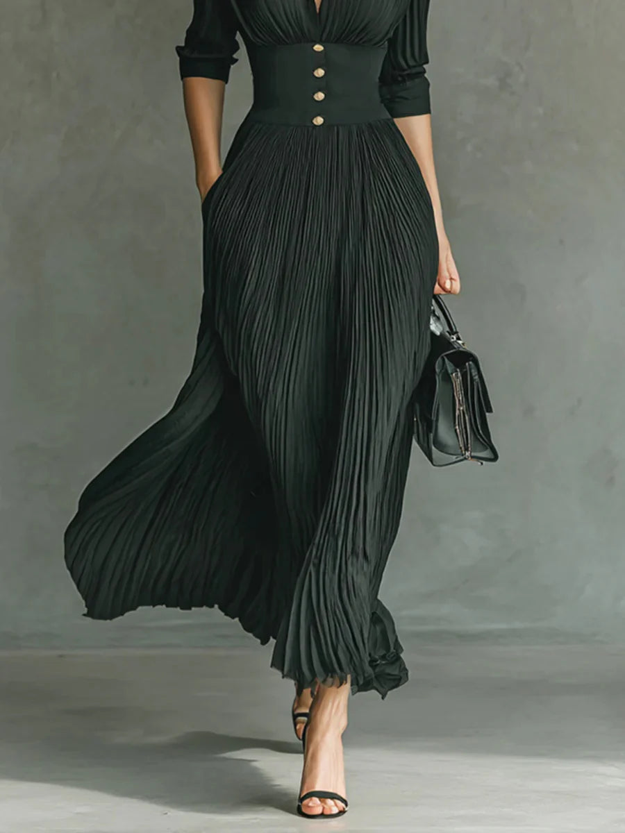 Elegant Pleated Lapel Waisted Long-sleeved Maxi Dress