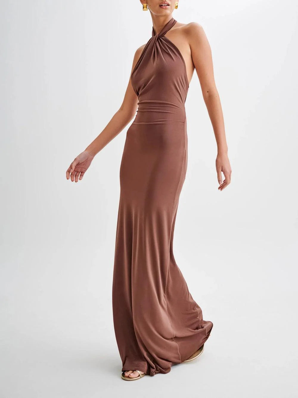 Elyra Slinky Halter Maxi Dress - Brown