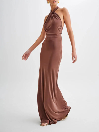 Elyra Slinky Halter Maxi Dress - Brown