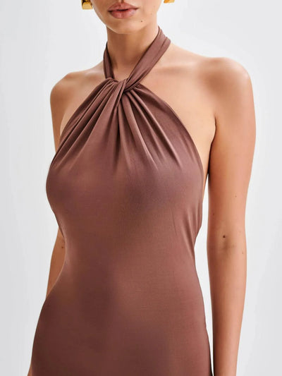 Elyra Slinky Halter Maxi Dress - Brown