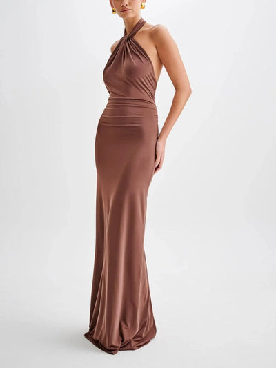Elyra Slinky Halter Maxi Dress - Brown