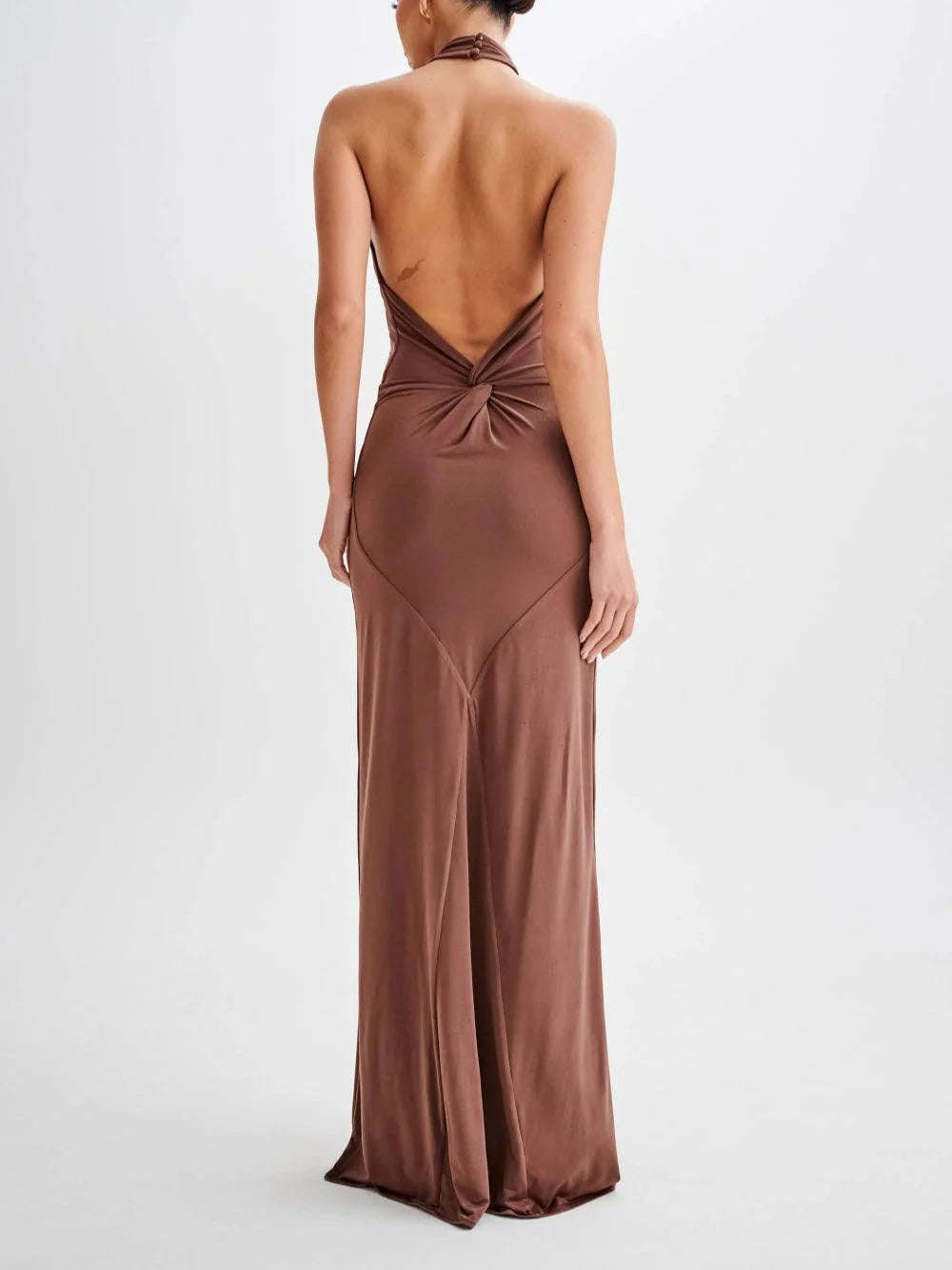 Elyra Slinky Halter Maxi Dress - Brown