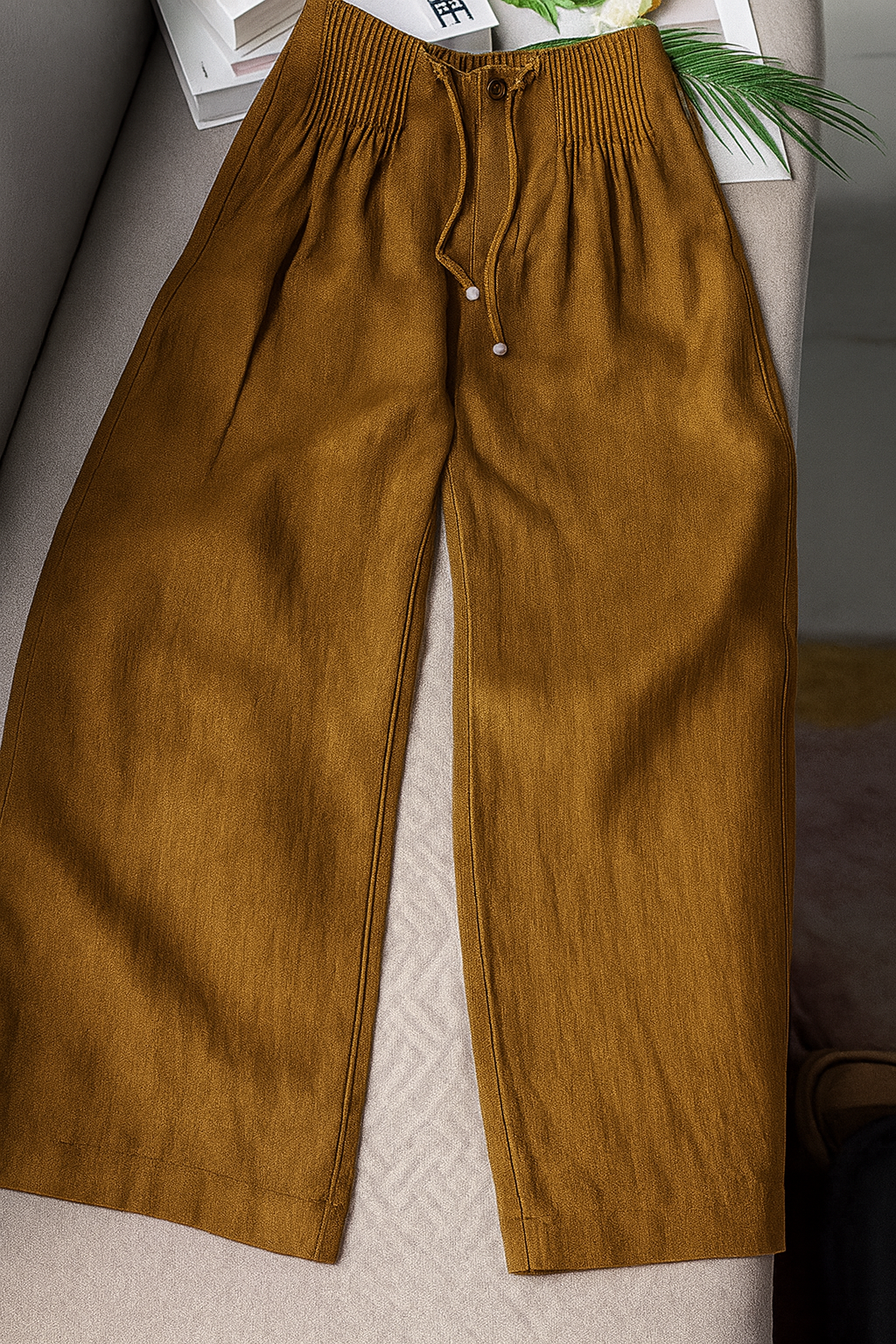 Linen Blend Pleated Wide-Leg Pants