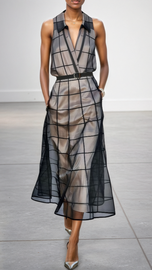 Checkered Tulle Belted Maxi Dress