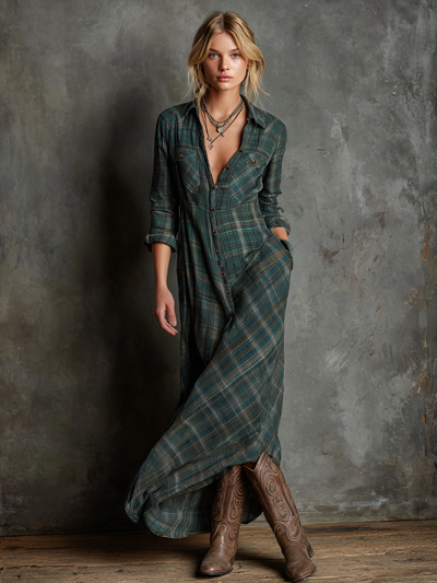 Plaid Lapel Maxi Dress