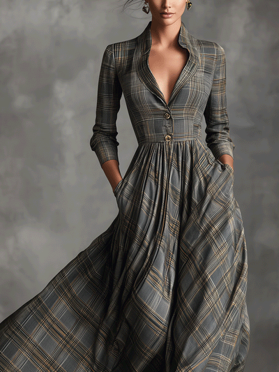 Grey Tartan Linen Maxi Dress