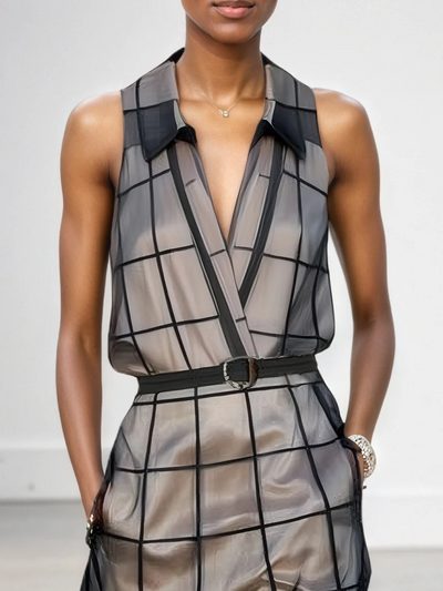 Checkered Tulle Belted Maxi Dress
