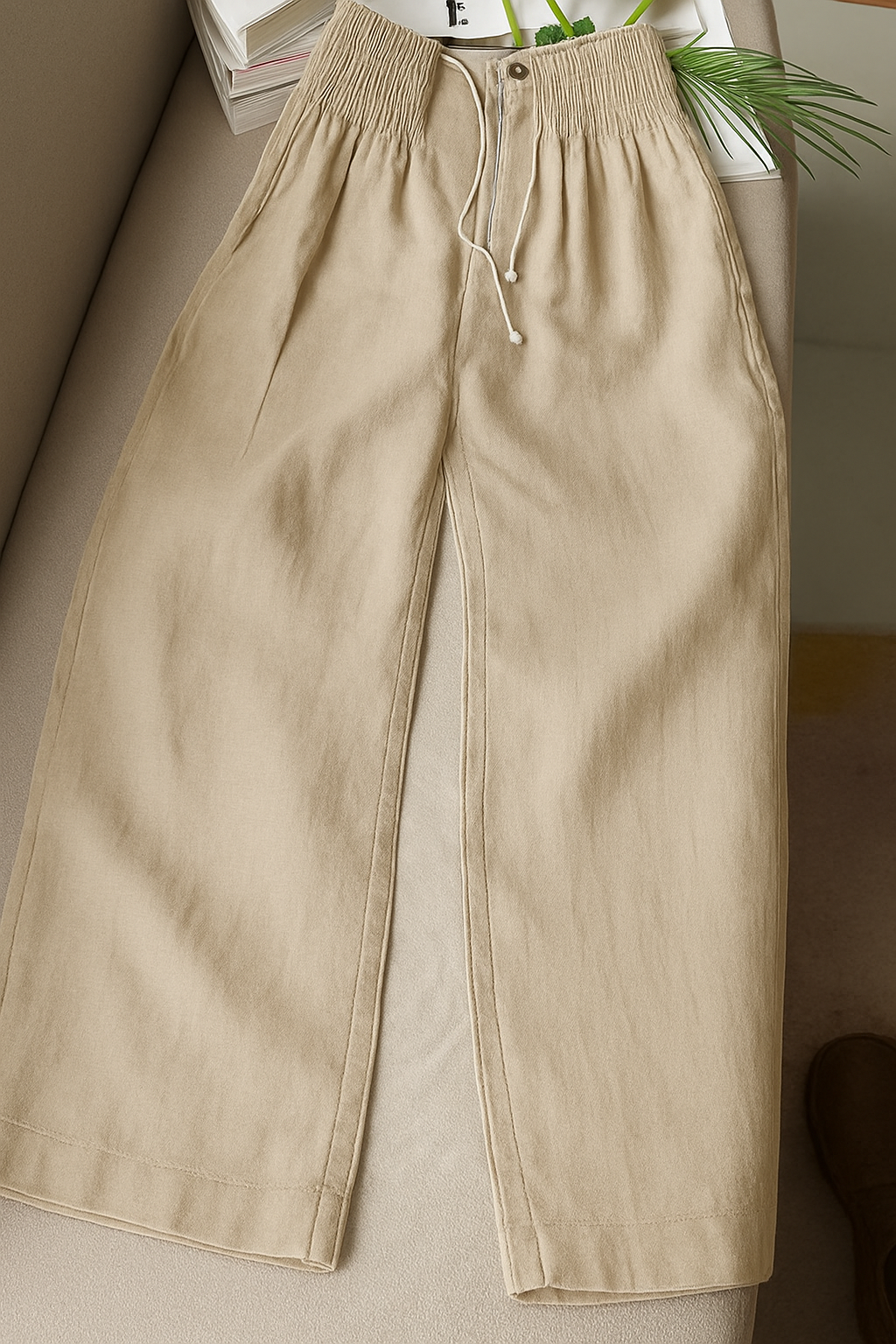 Linen Blend Pleated Wide-Leg Pants