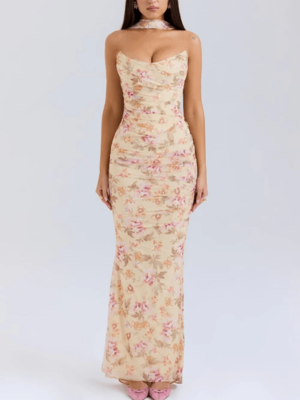 Cabernet strapless corset with neck scarf - Floral