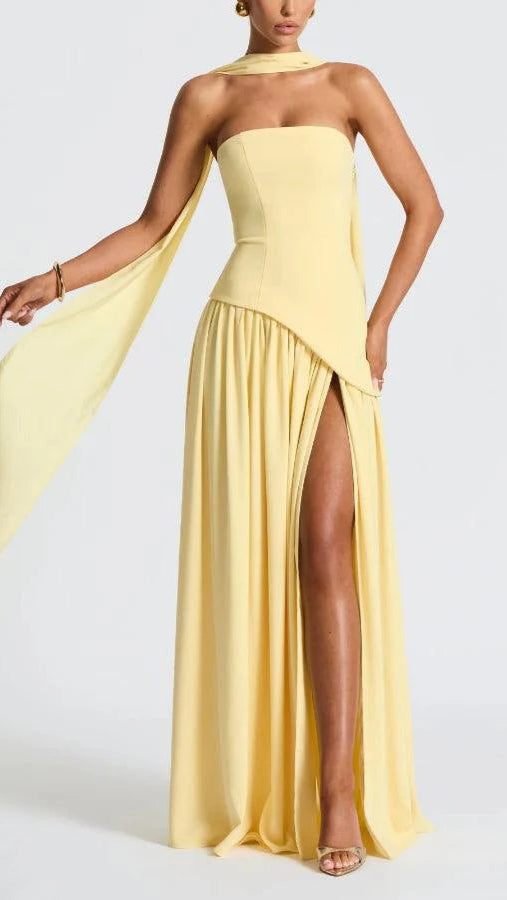 Strapless Slit Ribbon Maxi Dress